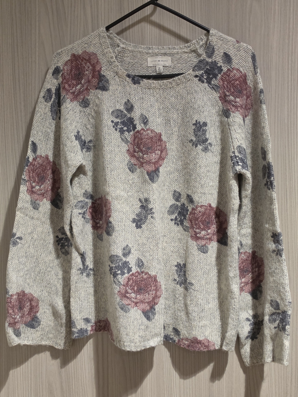 Lucky Brand Cream Floral Knit Sweater with Rose Print